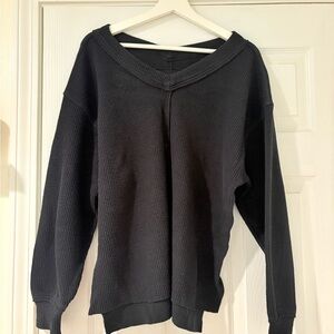Aerie Black V-Neck Oversized Off the Shoulder Sweater